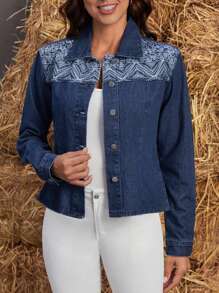 EMERY ROSE 休閒前紐扣佩斯利花紋女士牛仔夾克 & 外套 - 深色水洗藍 - 查看 1