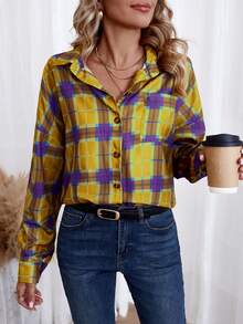 SHEIN LUNE Plaid Print Drop Shoulder Shirt - Yellow - View 4