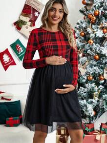 SHEIN Maternity Plaid Print Mesh Hem Dress - Red - View 1
