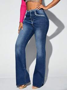 SHEIN SXY Hiệu ứng Ria mép Quần ống loe - Rửa trung bình - Xem 6