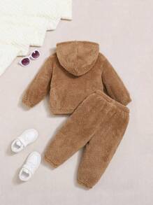 SHEIN 女嬰字母刺繡泰迪連帽衫和褲子 - 卡其色 - 查看 2