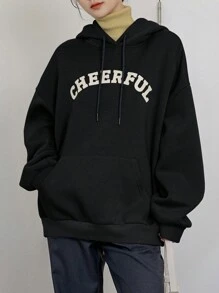 DAZY 字母图案大口袋抽绳连帽衫，秋季女装运动衫 - 黑色 - 查看 4