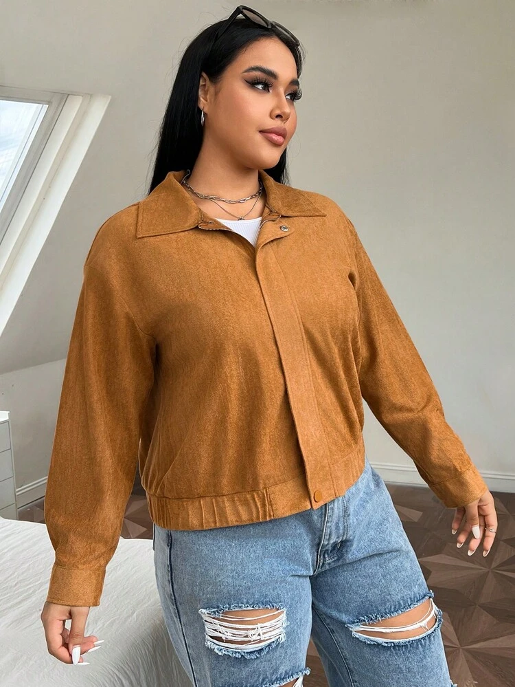 Plus Solid Button Front Zip Up Drop Shoulder Jacket Winter Fall Autumn