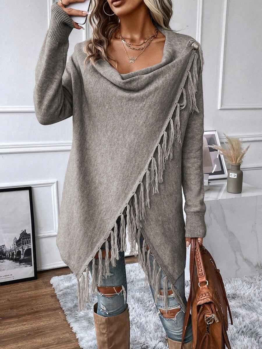 SHEIN LUNE Fringe Trim Asymmetrical Hem Draped Collar Cardigan - Grey - View 1