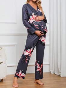 孕婦熱帶圖案前紐扣睡衣套裝 - 彩色 - 查看 3