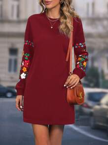 SHEIN LUNE Floral Print Drop Shoulder Sweatshirt Dress - Burgundy - View 1