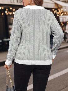 Calvaya Plus Contrast Trim Cable Knit Sweater Knit Pullover Fall Winter Sweater - Grey - View 2