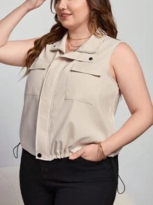 SHEIN Essnce Plus Flap Pocket Drawstring Hem Vest Jacket - Beige - View 1