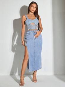 SHEIN BAE 水鑽流蘇下擺前鏤空牛仔上衣 - 藍色 - 查看 4