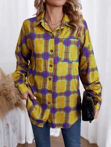 SHEIN LUNE Plaid Print Drop Shoulder Shirt - Yellow - View 5