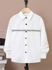 SHEIN Tween Boy Loose Fit Oxford Shoulder Weaving Long Sleeve Shirt - White - View 6