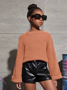 SHEIN 女大童素色落肩袖套頭毛衣 - 棕色 - 查看 1