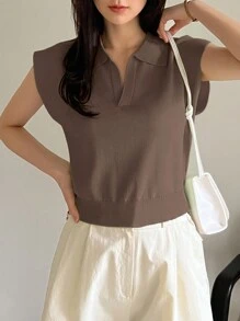 Dazy-Less Women's Casual Business Style Solid Color Loose Fit Knit Sweater With Collar Old Money - Coffee Brown - View 5