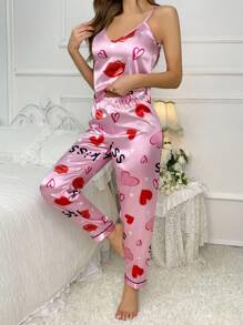Snug Zone Heart & Letter Graphic Satin Cami Top & Pants PJ Set / Pajama Set - Pink - View 5
