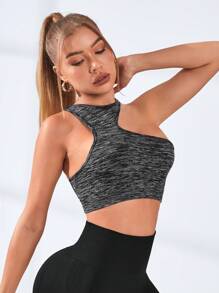 Easithlete Space Dye Asymmetrical Neck Crop Sports Bra - Dark Grey - View 3
