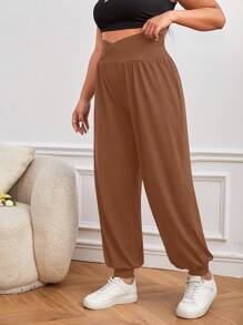 SHEIN LUNE Plus Solid Asymmetrical Waistband Waist Pants - Coffee Brown - View 3