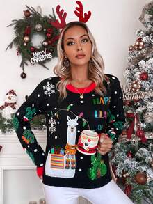 SHEIN LUNE 圣诞图案撞色滚边针织套头衫秋冬毛衣 - 彩色 - 查看 4