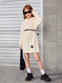 SHEIN 女大童字母補丁細節連帽落肩袖麻花編織連帽洋裝不附腰帶 - 米色 - 查看 3