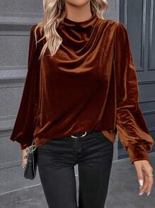 SHEIN Clasi Draped Collar Lantern Sleeve Velvet Blouse - Brown - View 3