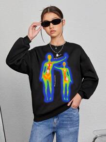 青少年女孩反光人物和字母圖案運動衫 - 黑色 - 查看 3