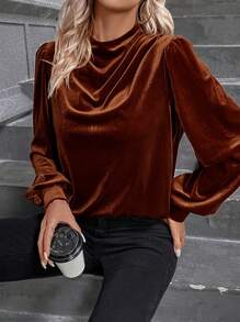 SHEIN Clasi Draped Collar Lantern Sleeve Velvet Blouse - Brown - View 1