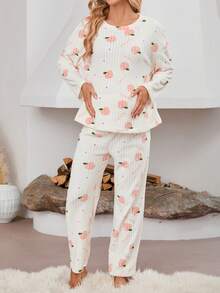 SHEIN Maternity Strawberry Print Nursing Top & Adjustable Waist Pants - Apricot - View 5