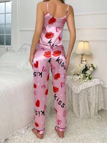 Snug Zone Heart & Letter Graphic Satin Cami Top & Pants PJ Set / Pajama Set - Pink - View 2