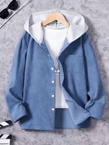 Tween Boy 1pc Pocket Patched Hooded Shirt - Dusty Blue - View 1