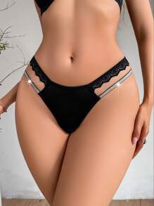 對比蕾絲剪裁底褲內衣 - 黑色 - 查看 3