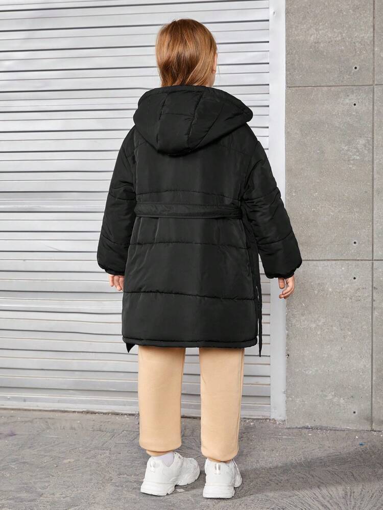 Tween Girl Letter Patched Drop Shoulder Hooded Belted Padded Coat