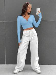 SHEIN EZwear 心环相连褶邊短款T恤