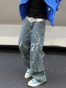 Manfinity Roghcode Men's Loose-Fit Lightning Print Wide-Leg Jeans, Baggy Jeans With Design, Graphic Baggy Jeans, Super Baggy Jeans, Lightning Print Jeans, Printed Jeans Men - Light Wash - View 1