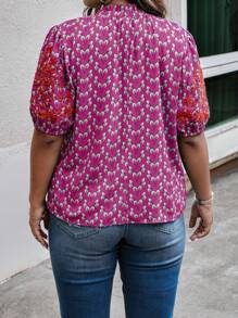 SHEIN LUNE 大碼滿版印花小高領泡泡袖襯衫 - 中紫紅色 - 查看 2