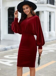 SHEIN Clasi Solid Lantern Sleeve Velvet Fitted Dress - Red - View 5