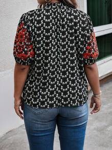 SHEIN LUNE Hơn In Toàn bộ Thêu hoa Cổ giả Ống tay áo Áo sơ mi - màu đen - Xem 2