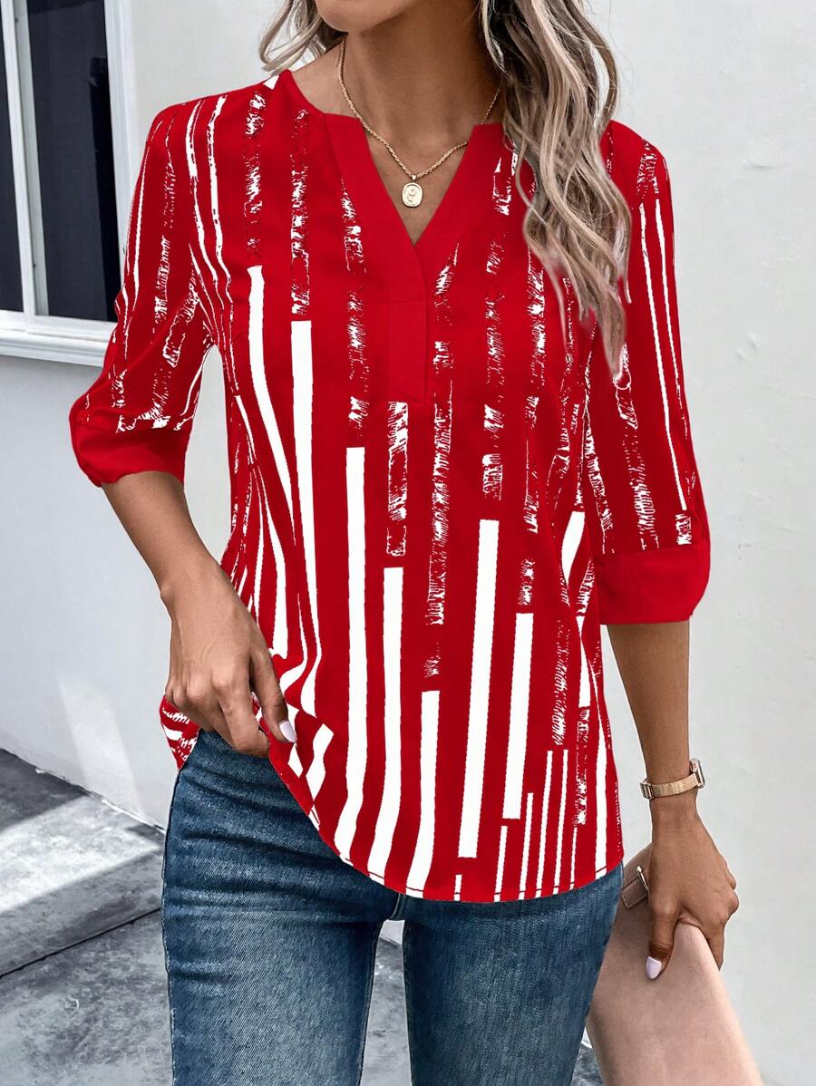 EMERY ROSE Striped Print Notched Neckline Blouse For New Year Clothes - Red - View 1