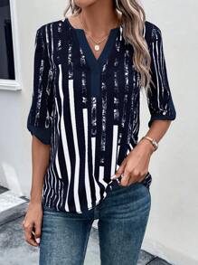 EMERY ROSE Striped Print Notched Neckline Blouse - Navy Blue - View 3
