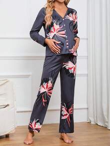 孕婦熱帶圖案前紐扣睡衣套裝 - 彩色 - 查看 4
