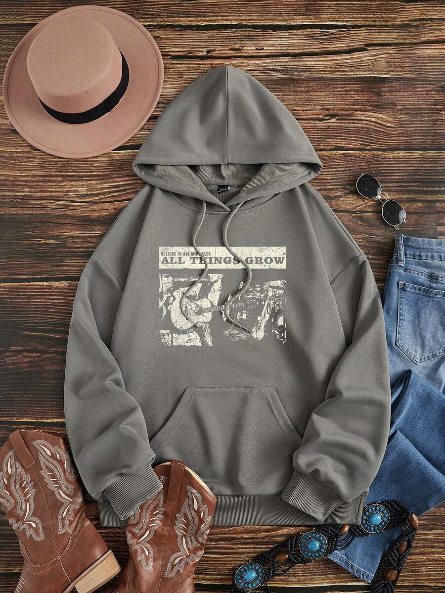 SHEIN EZwear 女裝復古字母印花連帽寬鬆運動衫，帶束繩 - 深灰色 - 查看 1