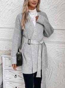 SHEIN LUNE 落肩休闲设计开衫 - 淺灰色 - 查看 5