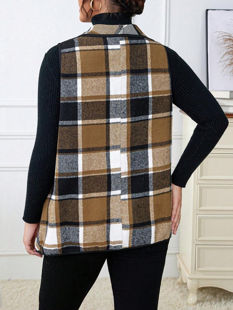 Plus Plaid Print Waterfall Collar Vest Jacket