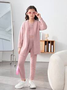 SHEIN Cô gái Tween Chất rắn Thả vai Áo len Duster & Áo len Áo ba lỗ & Quần dệt kim - Bụi hồng - Xem 1