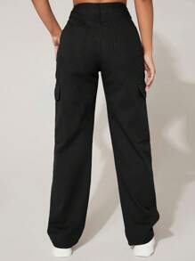 SHEIN PETITE High Waist Flap Pocket Cargo Jeans - Black - View 2