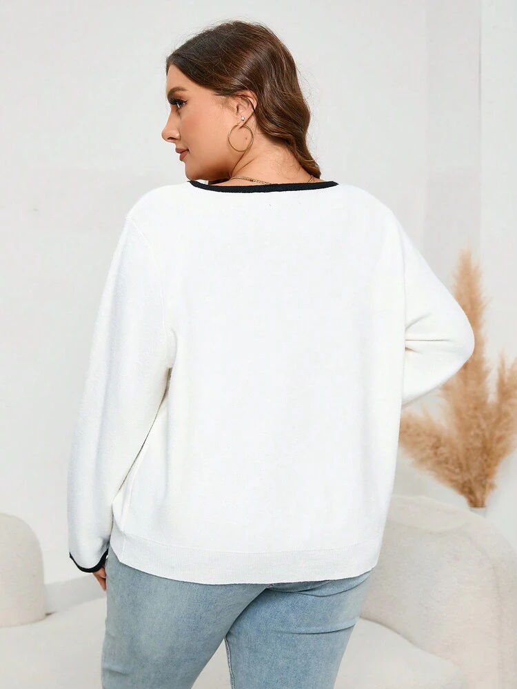 Plus Letter Pattern Contrast Trim Sweater Knit Pullover Fall Winter Sweater