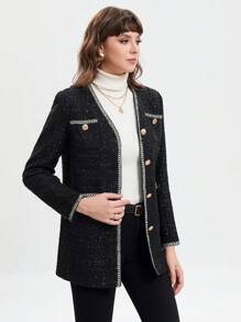 SHEIN BIZwear Contrast Trim Button Front Tweed Overcoat - Black - View 6