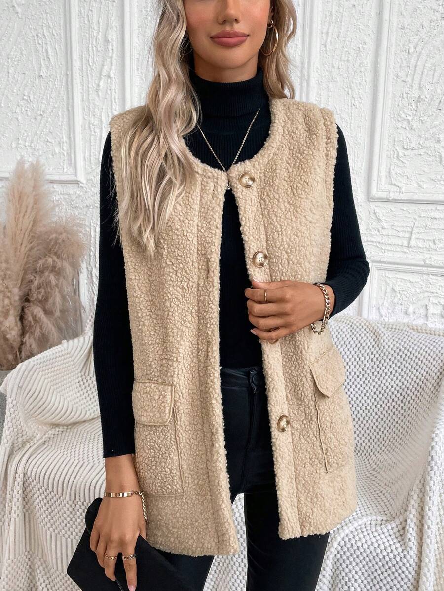SHEIN LUNE Flap Pocket Button Front Teddy Vest Coat - Khaki - View 1