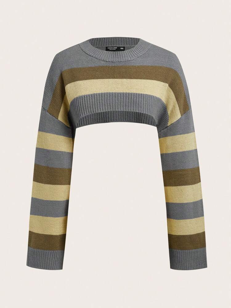 Plus Striped Pattern Drop Shoulder Crop Sweater