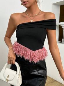 SHEIN Privé One Shoulder Fringe Trim Bandana Hem Crop Top - Black - View 4