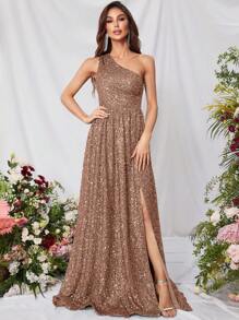 Faeriesty 女士优雅闪亮亮片单肩开衩连衣裙，搭配戏剧性超长裙摆 | 适合盛大晚宴、婚礼或正式晚宴的奢华晚装，夏季度假必备 - 香檳色 - 查看 4