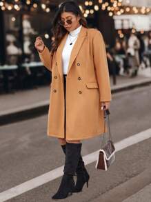 Calvaya Plus Lapel Neck Double Breasted Overcoat - Apricot - View 3